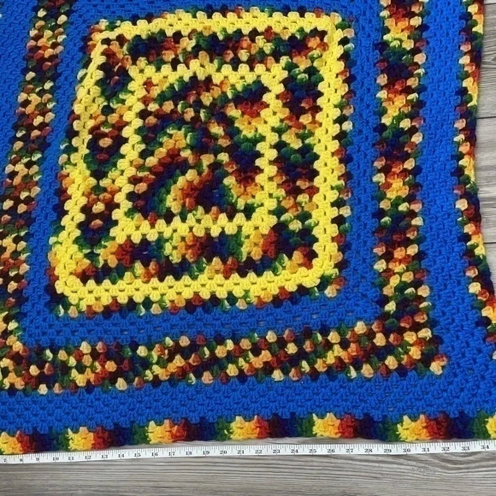 Handmade Granny Square Crocheted Blanket Baby Blanket Rainbow Pattern 35 x 37.5”